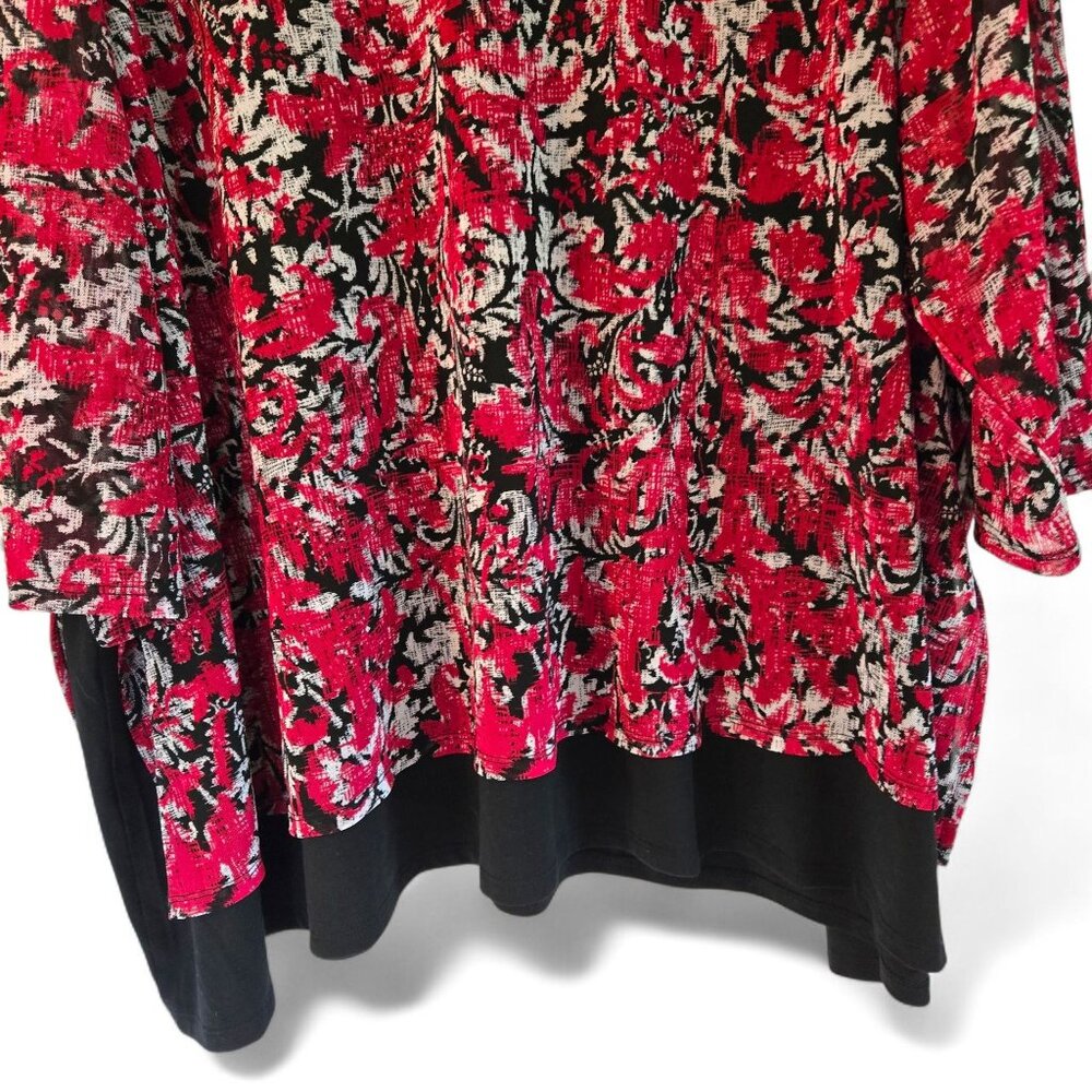 Catherines Plus Size 5X Red/Black Floral Tunic V-Neck Long Sleeve Stretch Top - Picture 3 of 8